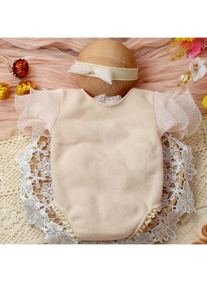 Vedory Baby Photography Props Outfit Lace Rompers Newborn Girl Photo Shoot Outfits Flower Headband Princess Costume (Off white) - Image 5