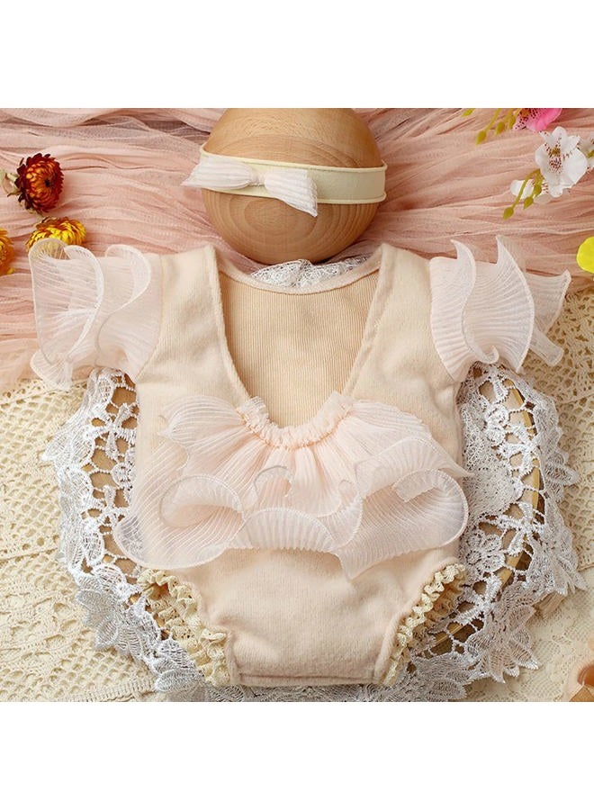 Vedory Baby Photography Props Outfit Lace Rompers Newborn Girl Photo Shoot Outfits Flower Headband Princess Costume (Off white) - Image 4