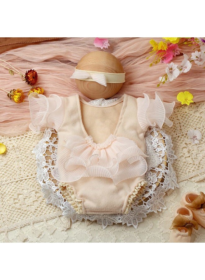 Vedory Baby Photography Props Outfit Lace Rompers Newborn Girl Photo Shoot Outfits Flower Headband Princess Costume (Off white) - Image 3