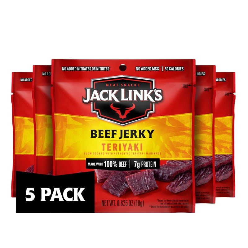 Jack Link's Beef Jerky, Teriyaki, Multipack Bags - Flavorful Meat Snacks for Lunches, Ready to Eat Protein Snacks, Individual Packs - 7g of Protein, Made with 100% Beef - 0.625 oz (Pack of 5) - Image 1