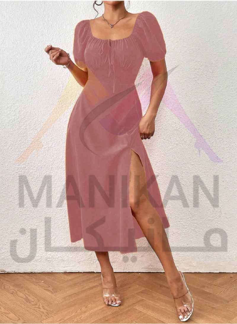 مانيكان مانيكان -فستان انيق باكمام منفوخة وقبة على شكل قلب وفتحة جانبية من مانيكان، مقاس واحد  - Image 3