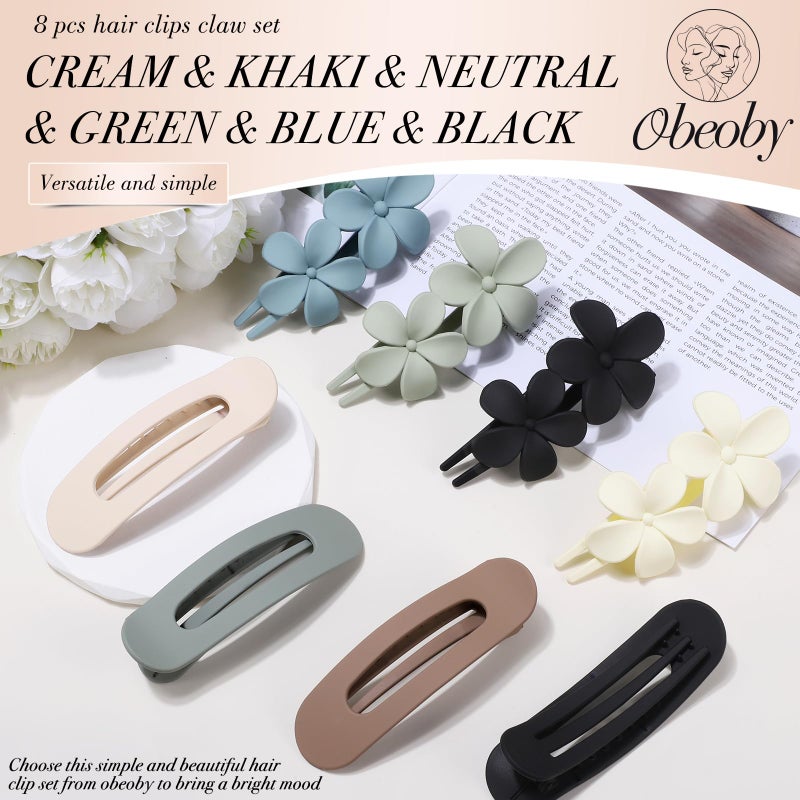 obeoby 8 PCS Flat Hair Clips, Matte Flat Claw Clips 2 Styles Hair Claws for Women Girls Medium Hair Volume Flowers - Image 3