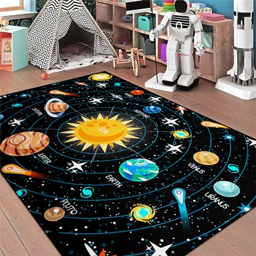 Kossmjx Outer Space Rugs Small Size Universe Solar System Planet Theme Carpets Kids Rugs for Playroom Educational Learning Area Rug for Living Room Bedroom Indoor Crystal Polyester Floor Sofa Mats, 2'×3' - Image 1