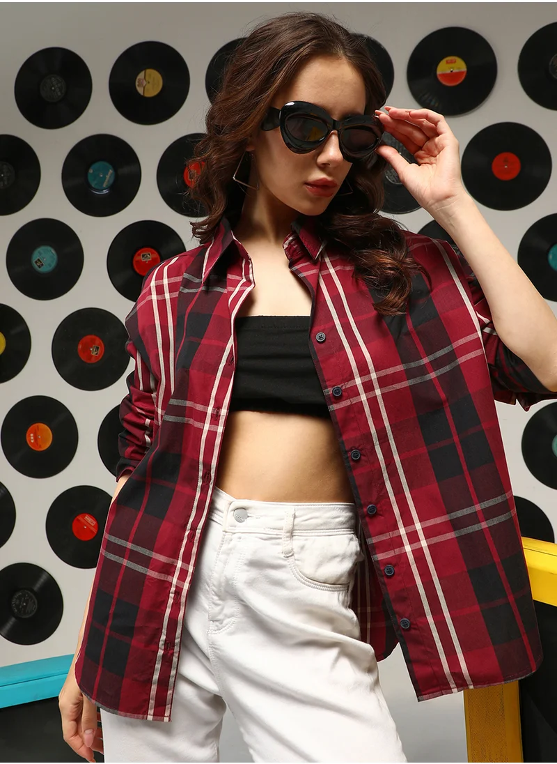 Campus Sutra Women's Venetian Red Tartan Plaid Oversized Shirt