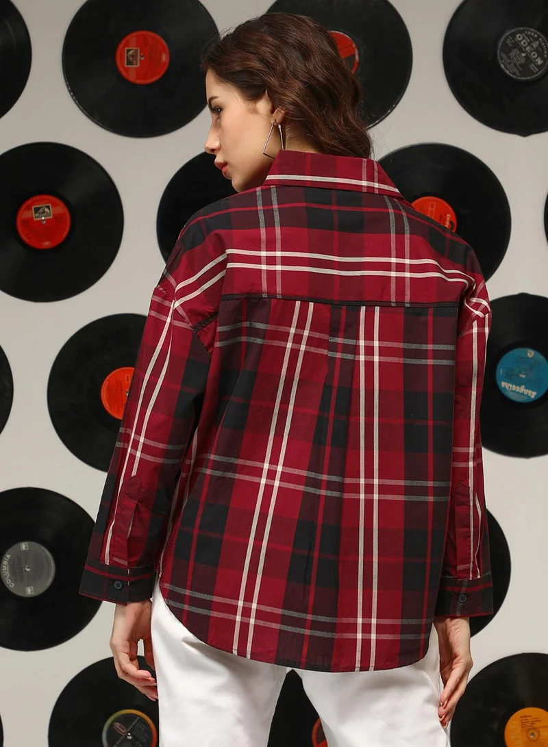 كامبوس سوترا Women's Venetian Red Tartan Plaid Oversized Shirt