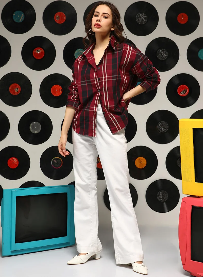 كامبوس سوترا Women's Venetian Red Tartan Plaid Oversized Shirt
