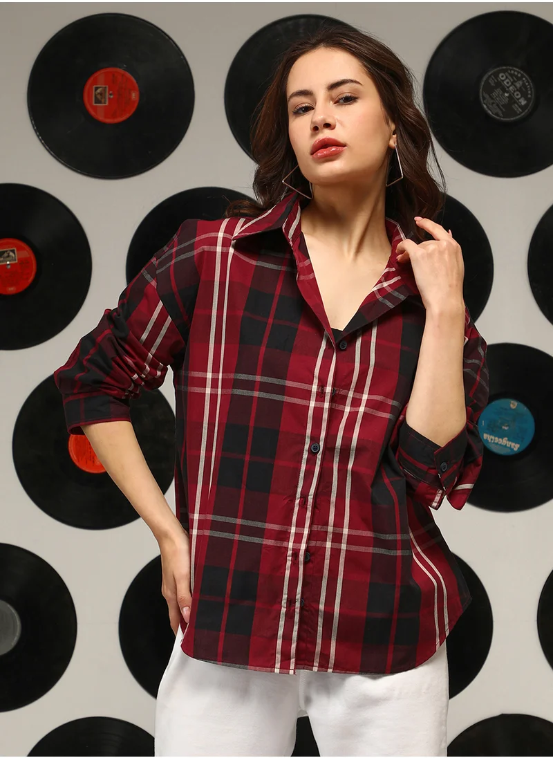 كامبوس سوترا Women's Venetian Red Tartan Plaid Oversized Shirt
