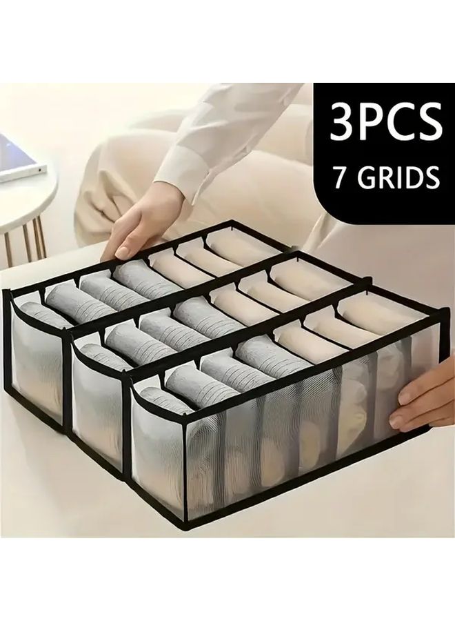 3pcs White 7 Grid Foldable Underwear Sock Organizer Durable Nylon Mesh Drawer Storage Wardrobe Closet Accessory Space Saving Tidy Bedroom - Image 1