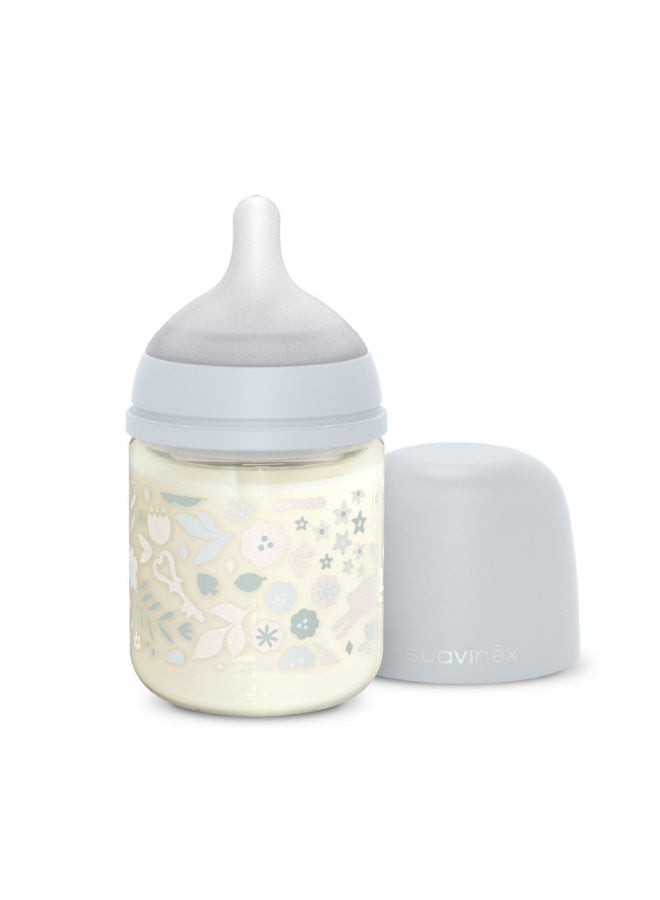 SUAVINEX Glass Baby Feeding Bottle with Slow-Flow Physiological Nipple Teat, Mimics Natural Breastfeeding Experience, +0 Months 120ml - Blue - Image 1
