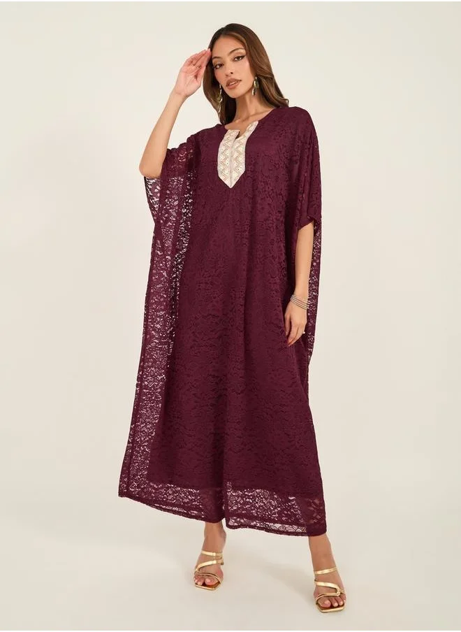 KL Textured Lace Insert Embroidered Panel Notch Neck Kaftan by Styli