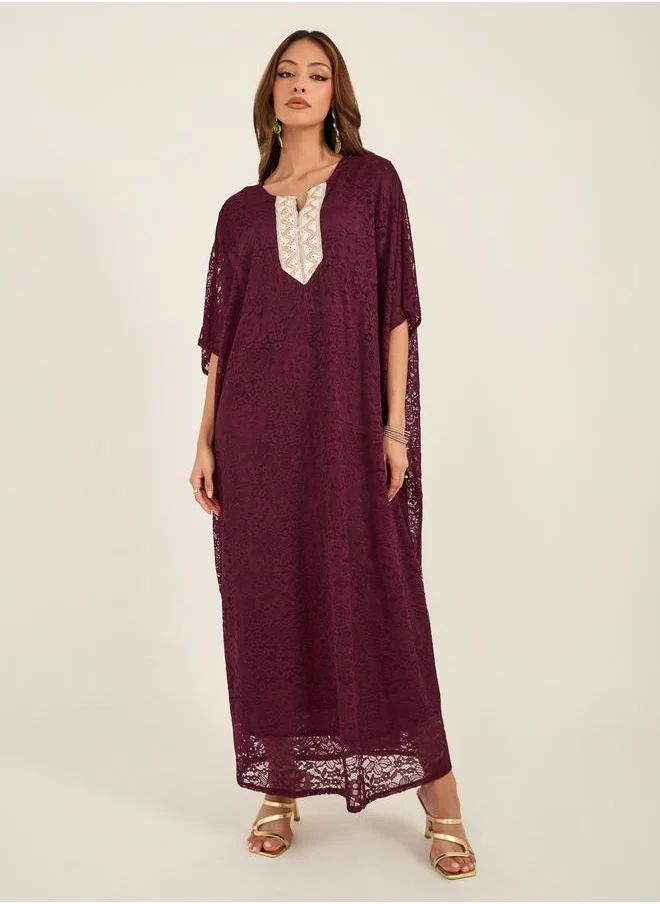 KL Textured Lace Insert Embroidered Panel Notch Neck Kaftan by Styli