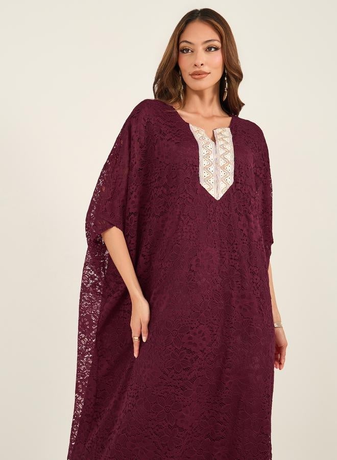 Take Two Take Two Textured Lace Insert Embroidered Panel Notch Neck Kaftan  - Image 3