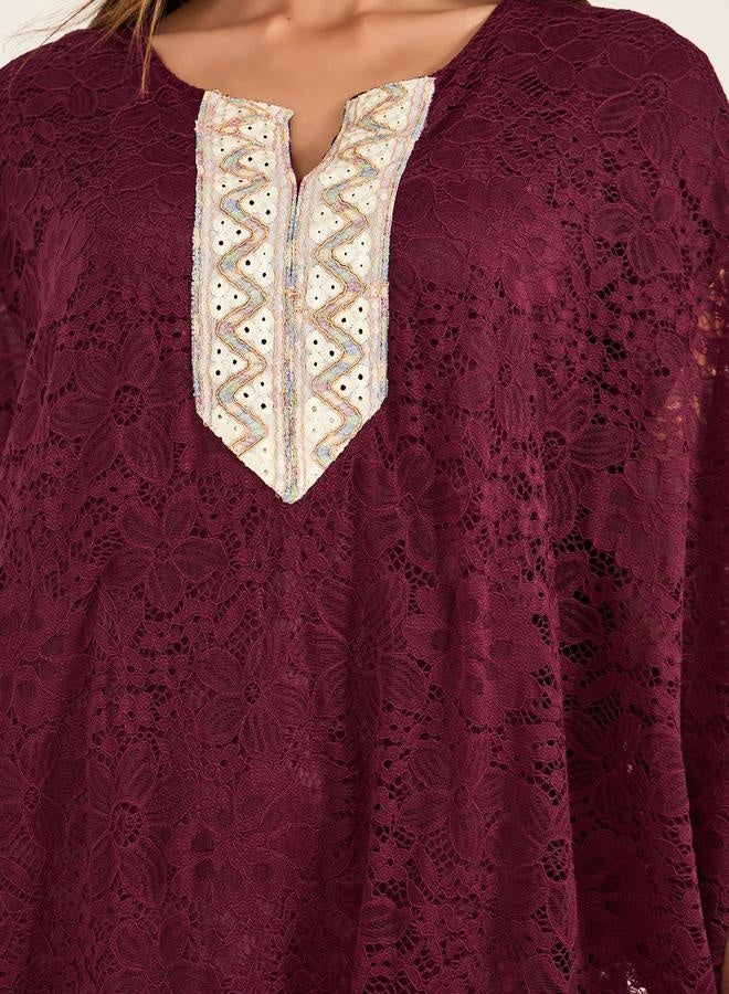 Take Two Take Two Textured Lace Insert Embroidered Panel Notch Neck Kaftan  - Image 5