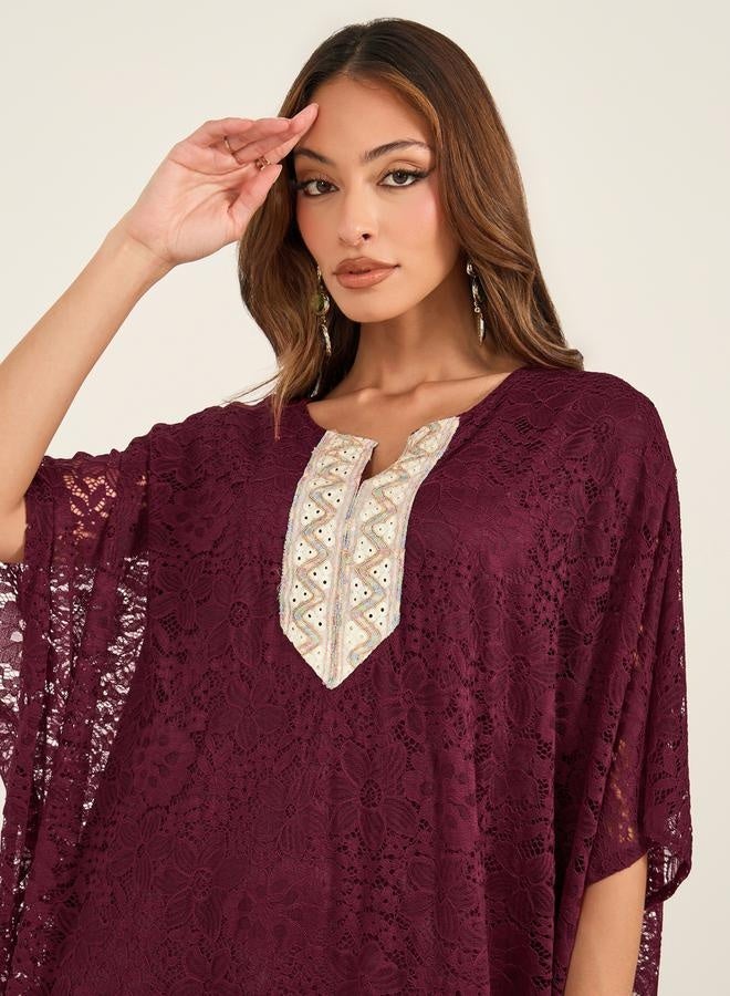Take Two Take Two Textured Lace Insert Embroidered Panel Notch Neck Kaftan  - Image 4