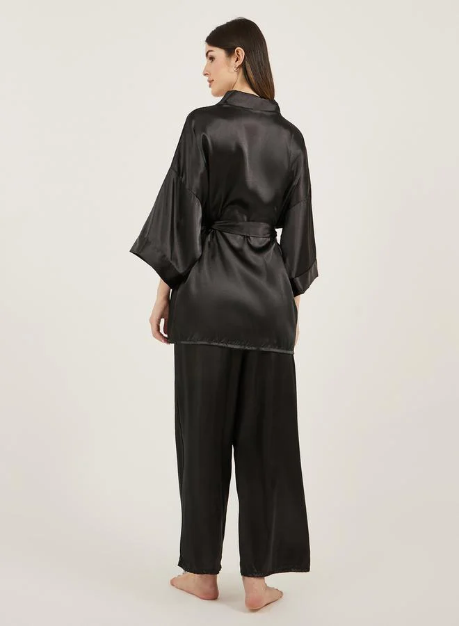 Styli Satin Tie Waist Kimono and Pyjama Set