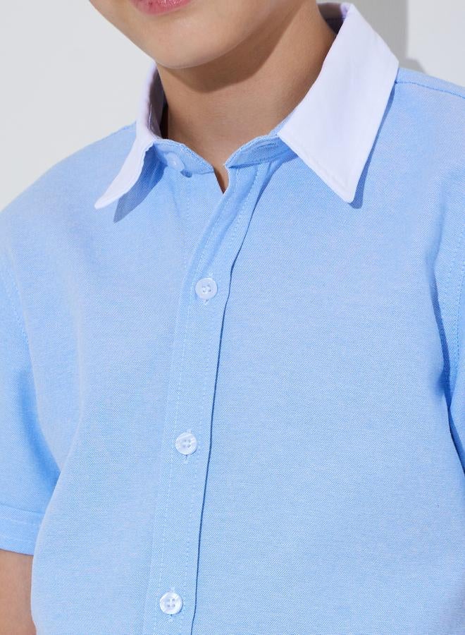Styli Teen Boys Light Blue Solid Contrast Collar Short Sleeves Shirt - Image 3