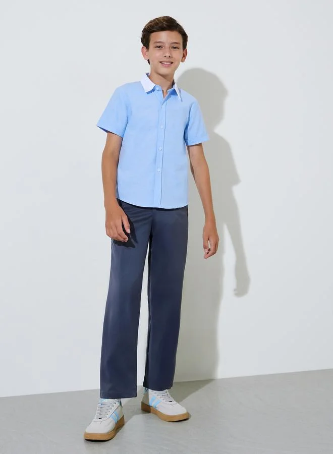Styli Teen Boys Light Blue Solid Contrast Collar Short Sleeves Shirt