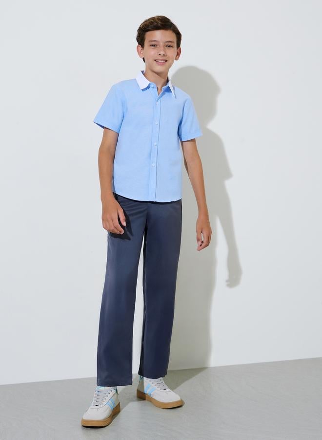 Styli Teen Boys Light Blue Solid Contrast Collar Short Sleeves Shirt - Image 2