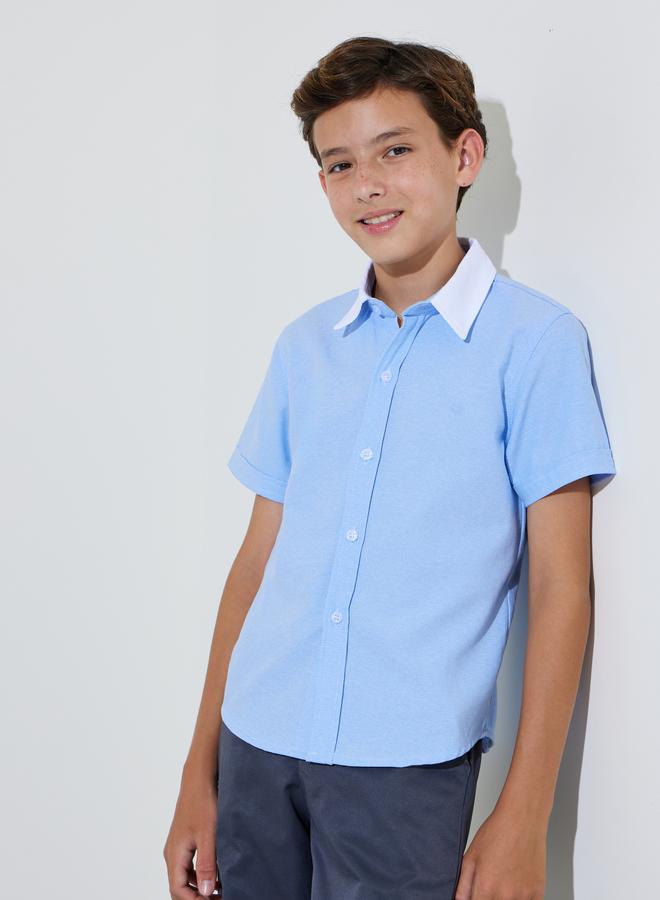 Styli Teen Boys Light Blue Solid Contrast Collar Short Sleeves Shirt - Image 1