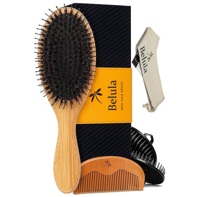 Belula Mens Hair Grooming Set Boar Bristle Brush Nylon Pin Brush Wooden Comb and Travel Bag for Styling