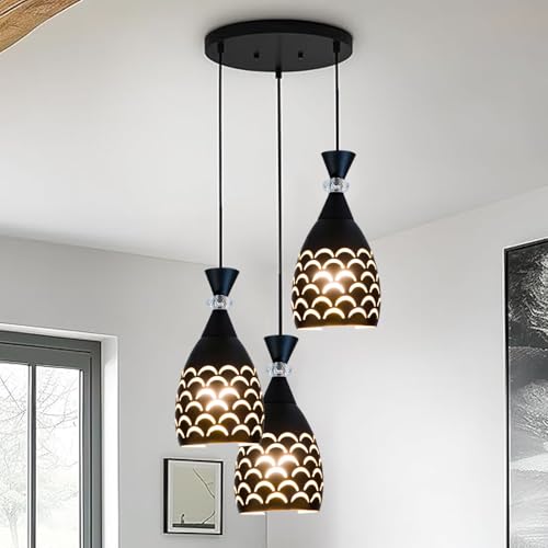 SINOMAN Metal Black Hanging Cluster Light Decorative Cutout Design with Crystal Accent Hanging Ceiling Lamp E27 Bulb Compatible for Dining Room, Bedroom, Kitchen, Balcony, Home Decor (Without Bulb) - Image 2