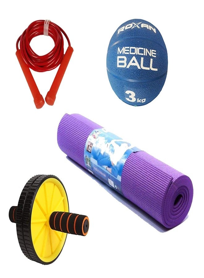 Roxan Ab Roller, Gym Mat, Medicine Ball & Skipping Rope(Multicolour) | Abs Workout Combo | Gym Combo - Image 1