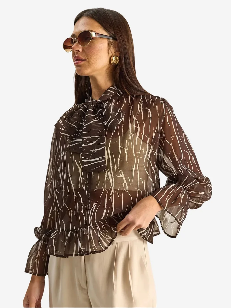 Bianco Lucci LUCCI Abstract Print Choker Collar Chiffon Blouse with Tie Detail