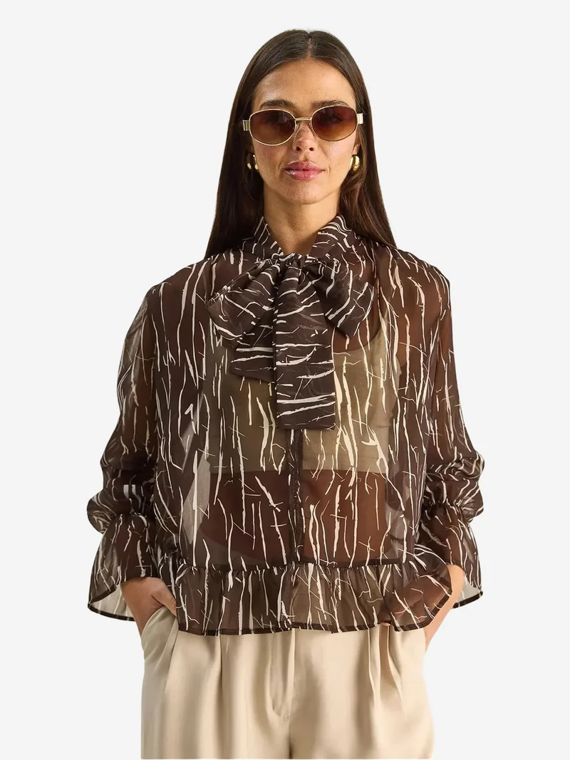 Bianco Lucci LUCCI Abstract Print Choker Collar Chiffon Blouse with Tie Detail