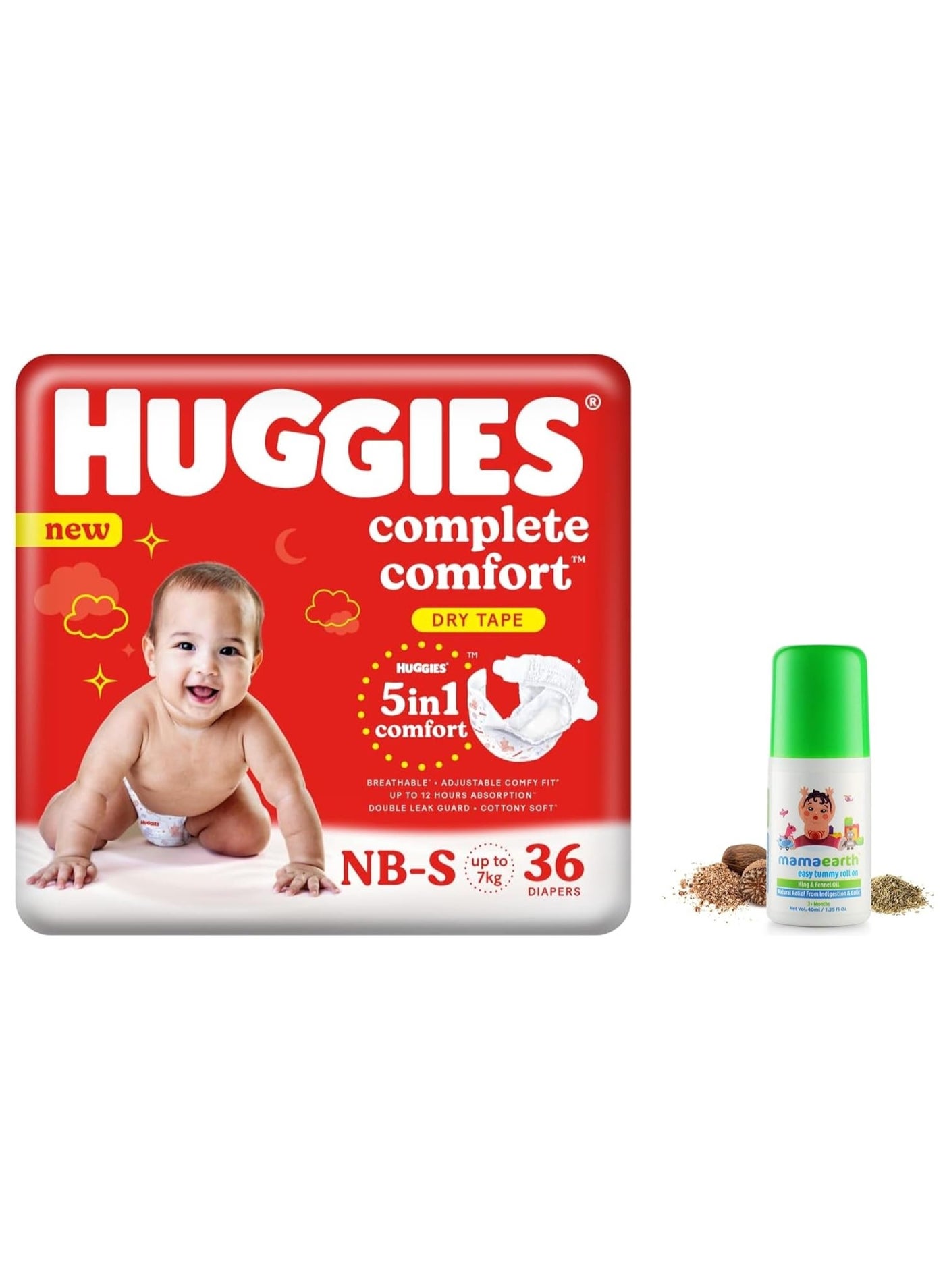 Huggies Complete Comfort Dry Tape Newborn - Small (NB-S) Size Baby Tape Diapers, 36 count & Mamaearth Easy Tummy Roll On Oil for Colic & Gas Relief with Hing & Fennel Oil, 40ml (For external use)