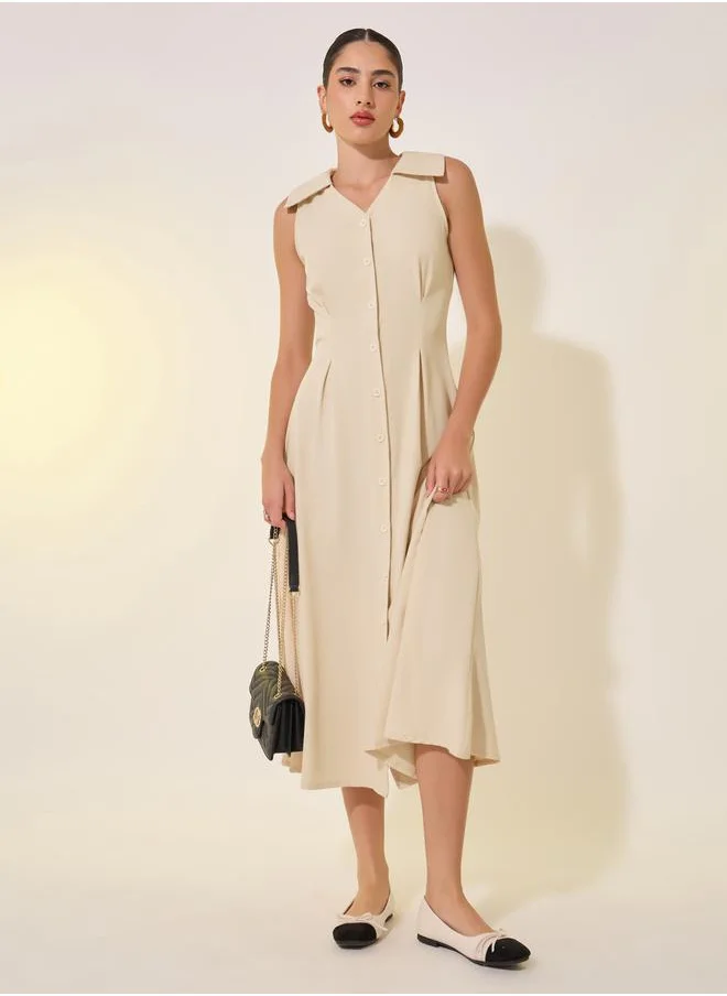 ستايلي Solid V-Neck Sleeveless Button Up Midi Shirt Dress