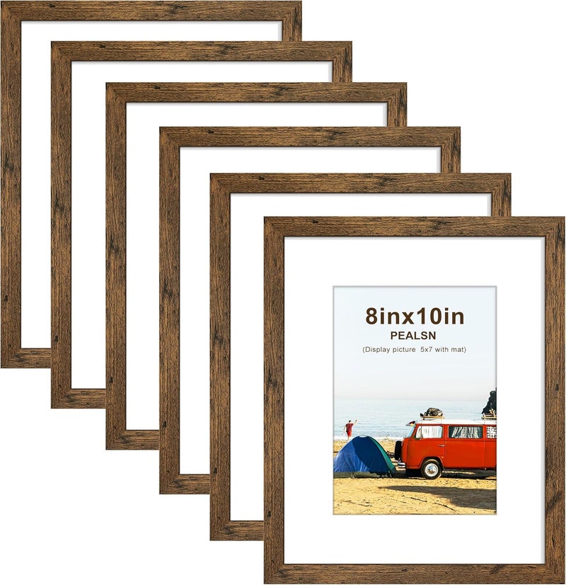 PEALSN 8x10 Picture Frame Set of 6, Display Pictures 5x7 with Mat or 8x10 without Mat for Wall Mounting or Table Top Display, Photo Frames Collage for Wall Decor, Rustic Brown - Image 1