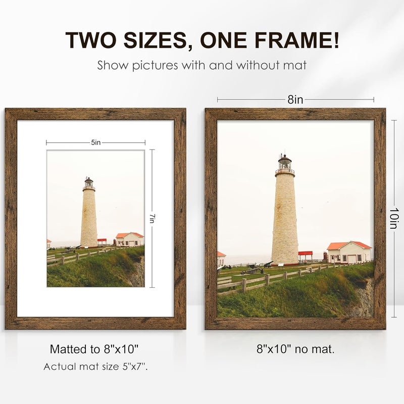 PEALSN 8x10 Picture Frame Set of 6, Display Pictures 5x7 with Mat or 8x10 without Mat for Wall Mounting or Table Top Display, Photo Frames Collage for Wall Decor, Rustic Brown - Image 2