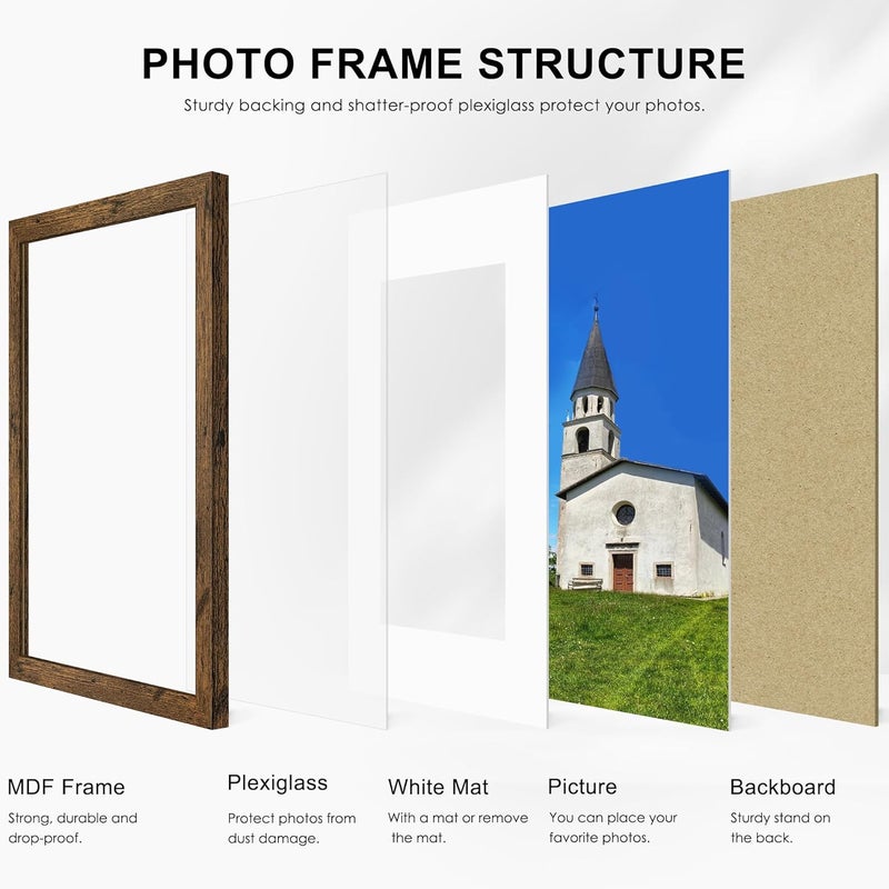 PEALSN 8x10 Picture Frame Set of 6, Display Pictures 5x7 with Mat or 8x10 without Mat for Wall Mounting or Table Top Display, Photo Frames Collage for Wall Decor, Rustic Brown - Image 4