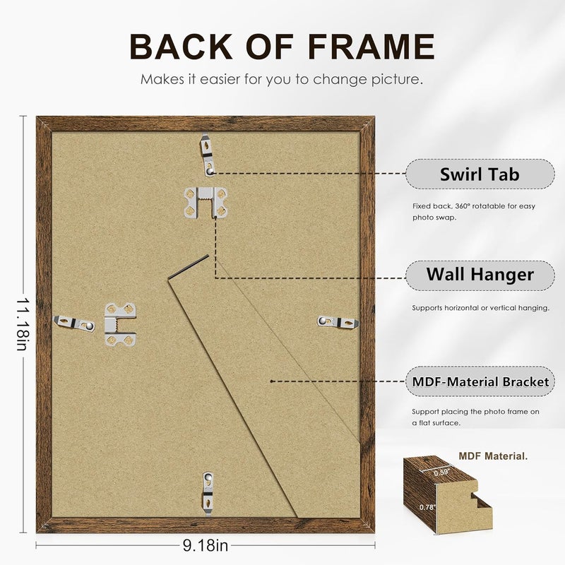 PEALSN 8x10 Picture Frame Set of 6, Display Pictures 5x7 with Mat or 8x10 without Mat for Wall Mounting or Table Top Display, Photo Frames Collage for Wall Decor, Rustic Brown - Image 3