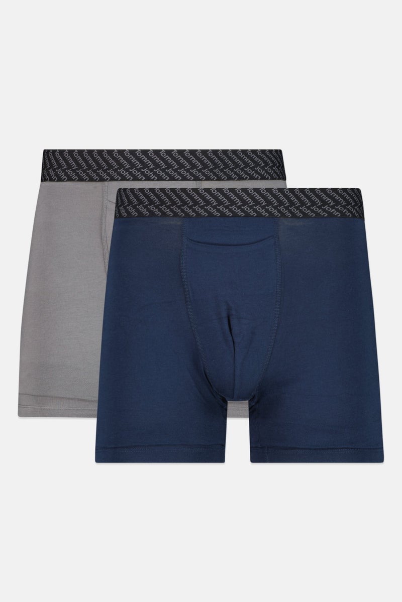 Tommy John Men 2 Pieces 6 Inseam Brand Logo Boxer Briefs, Navy/Grey - Image 1