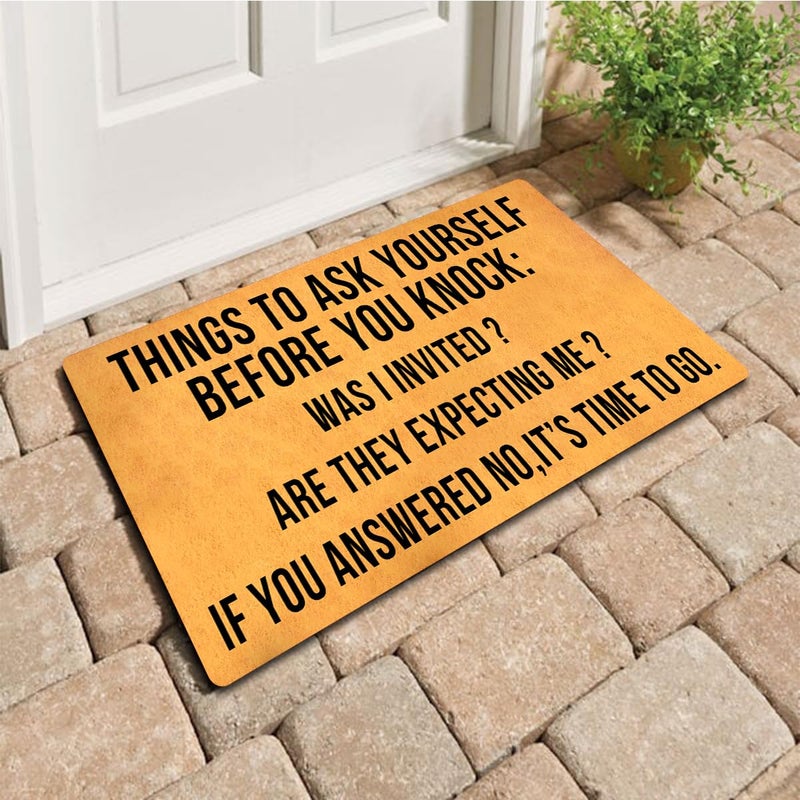 MELODADDY Funny Welcome Doormat with Rubber Back 18"(W) x 30"(L)Things to Ask Before You Knock Was Invited If Not It's Time To Go Doormat for Entrance Way Hello Monogram Mats for Front Door Mat Kitchen Rugs - Image 1