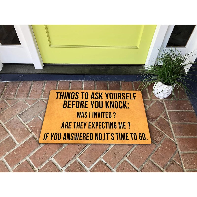 MELODADDY Funny Welcome Doormat with Rubber Back 18"(W) x 30"(L)Things to Ask Before You Knock Was Invited If Not It's Time To Go Doormat for Entrance Way Hello Monogram Mats for Front Door Mat Kitchen Rugs - Image 3