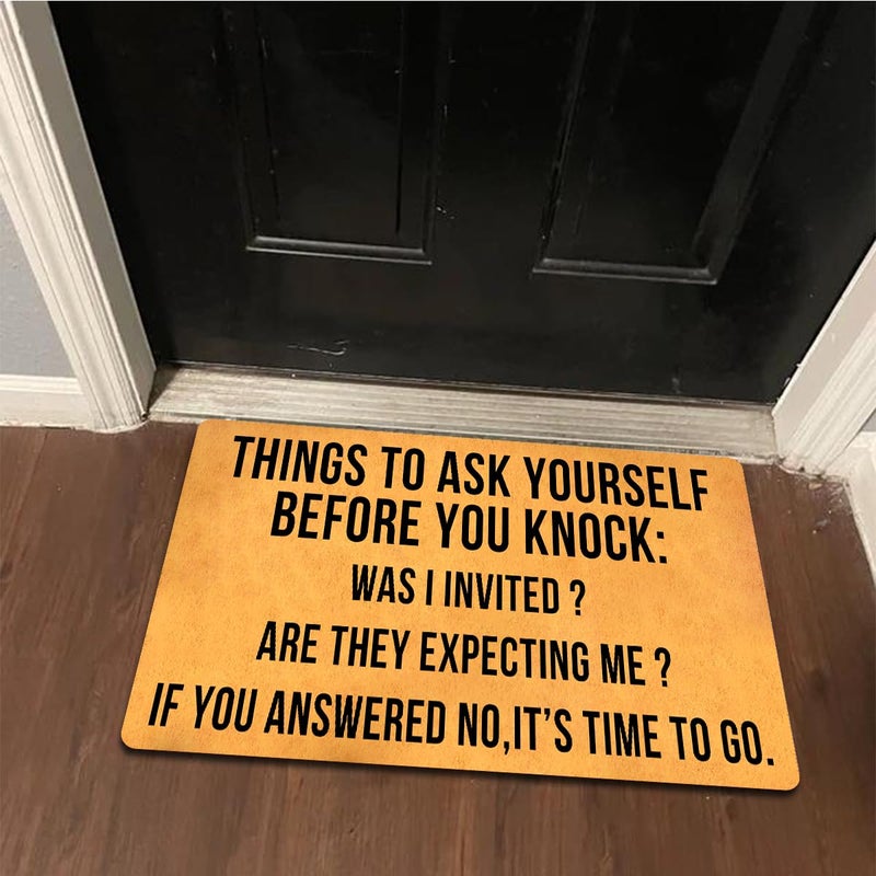 MELODADDY Funny Welcome Doormat with Rubber Back 18"(W) x 30"(L)Things to Ask Before You Knock Was Invited If Not It's Time To Go Doormat for Entrance Way Hello Monogram Mats for Front Door Mat Kitchen Rugs - Image 2