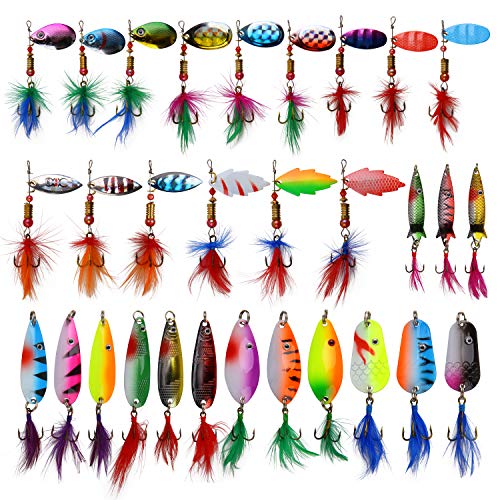 Shaddock Fishing Fishing Spinner Spoons Lures Kit 30pcs Rooster Bait Metal Spoon Fishing Lures Casting Spinner Baits with Feathered Treble Hooks for Trout Bass Pike Salmon Walleye Saltwater Freshwater Fishing - Image 1