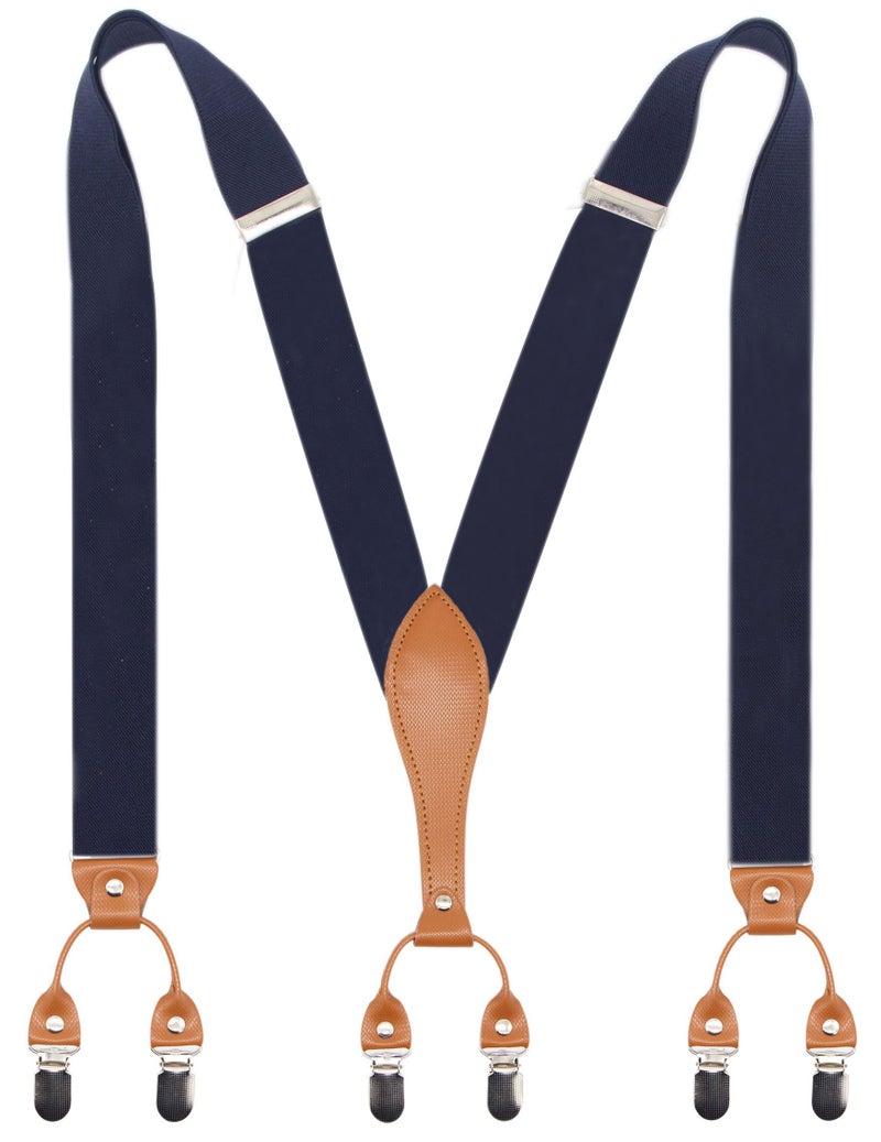 Timiot Mens Suspender Wide Leather 6 Metal Clips Adjustable Straps Y Shape (Navy) - Image 1