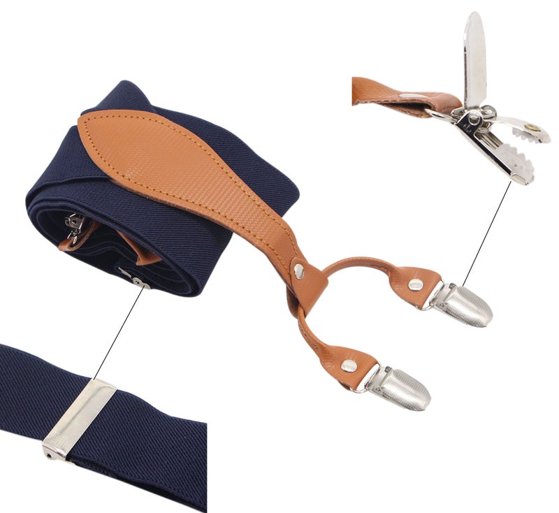 Timiot Mens Suspender Wide Leather 6 Metal Clips Adjustable Straps Y Shape (Navy) - Image 2