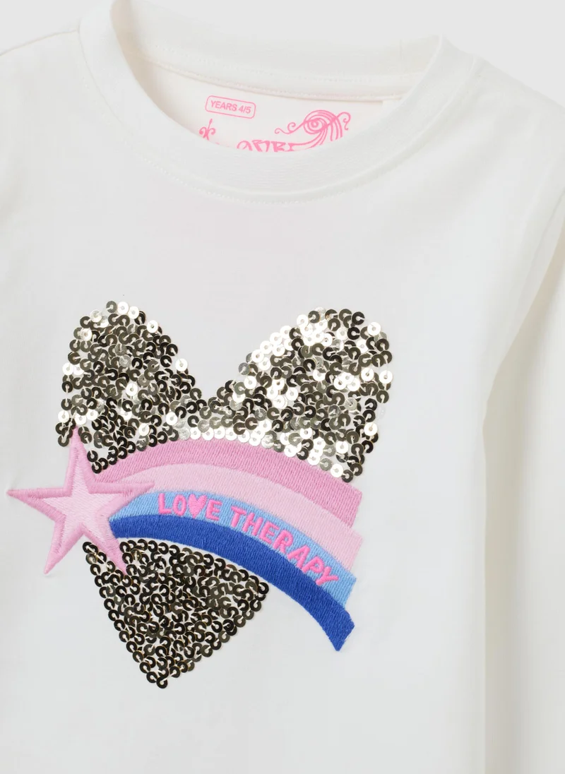Ovs  OVS White Girl'S T-Shirt With Heart-Shaped Sequins for Women | Best Price UAE