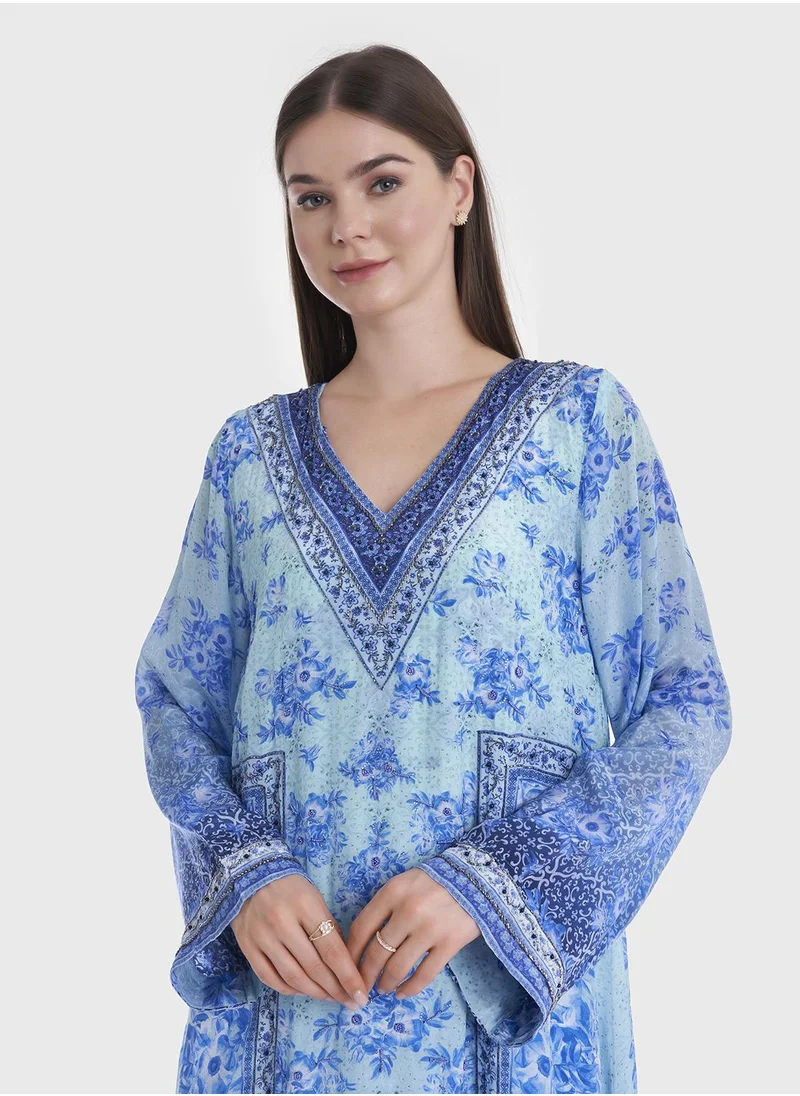 KASHKHA A-line Digital Print Jalabiya with Shantoon Handwork