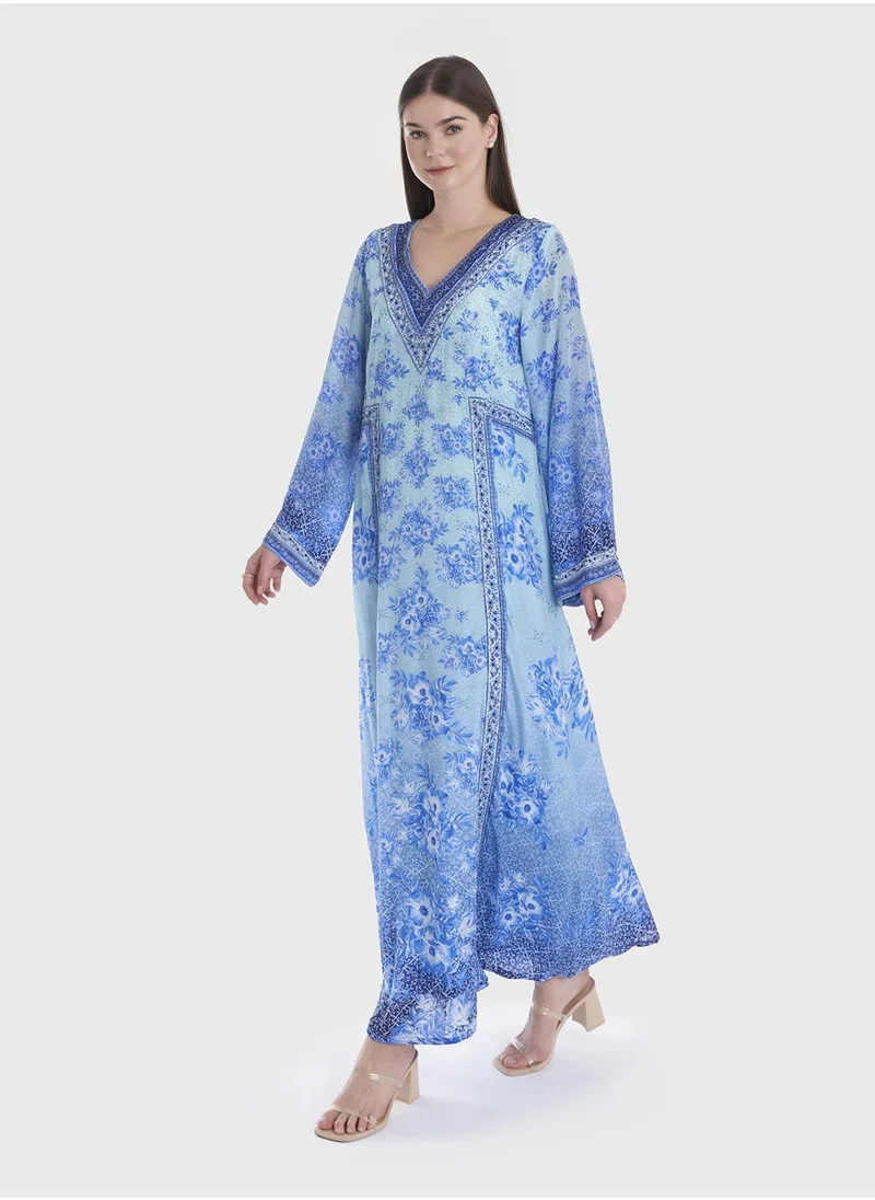 KASHKHA A-line Digital Print Jalabiya with Shantoon Handwork