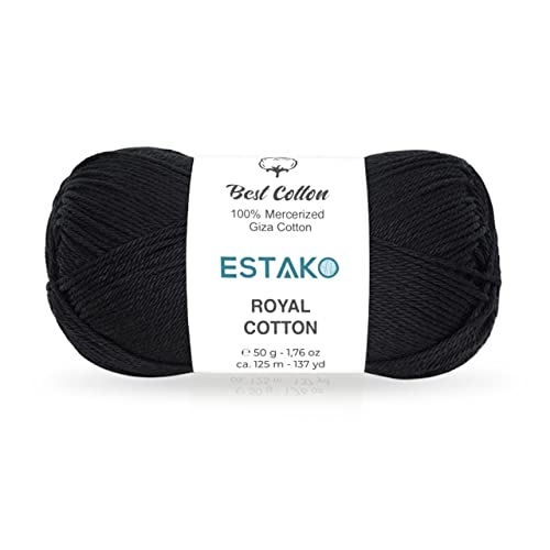 Estako Royal Cotton, 100% Mercerized Giza Cotton Yarn, Soft, Super Fino 1 for Crochet and Knitting 1.76 Oz (50g) / 137 Yrds (125m) (5057 - Black) - Image 1