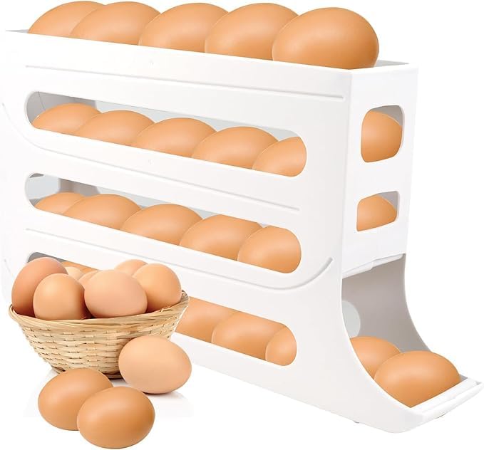 RINKIFY Auto Rolling Fridge Egg Organizer SpaceSaving Egg Dispenser Holder 4Tier Stackable Egg Dispenser Large Capacity Egg Rack for Refrigerator Holds 30 Eggs - Image 1