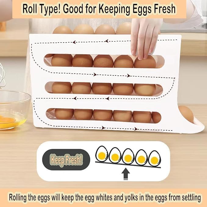 RINKIFY Auto Rolling Fridge Egg Organizer SpaceSaving Egg Dispenser Holder 4Tier Stackable Egg Dispenser Large Capacity Egg Rack for Refrigerator Holds 30 Eggs - Image 4
