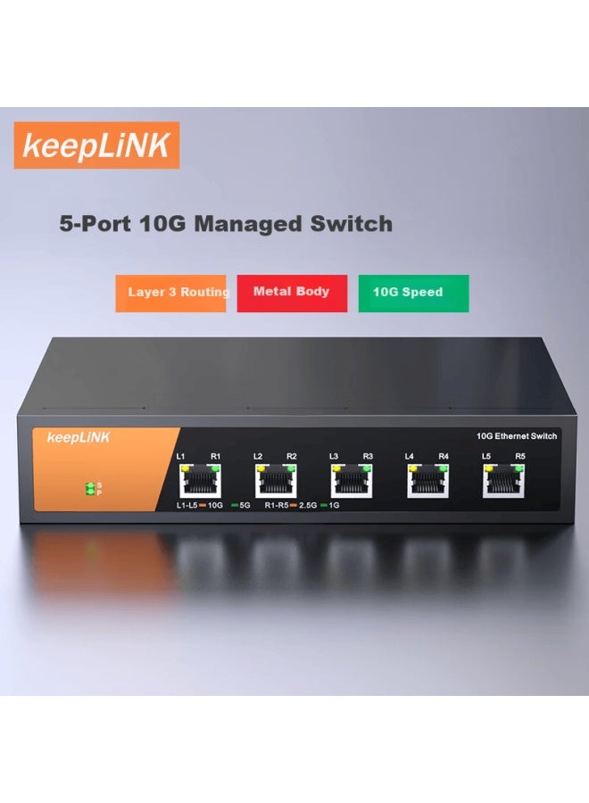 Keeplink Kp-9000-5xtm 5-port 10g Layer 3 Managed Switch With Ipv4 Dynamic Routing For Home, Enterprise, Internet Cafe, Surveillance Network Splitter/unit