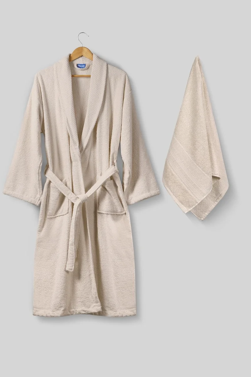 بلونيتي Softy-Natural Cotton Extra Soft Bathrobe L/XL+50X90 Towel Set-Beige