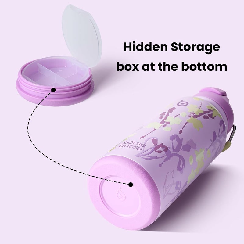 bottle bottle زجاجة زجاجة 32 أونصة زجاجة ماء معزولة من الفولاذ المقاوم للصدأ مع قشة وصندوق حبوب - بنفسجي مزهر - Image 4